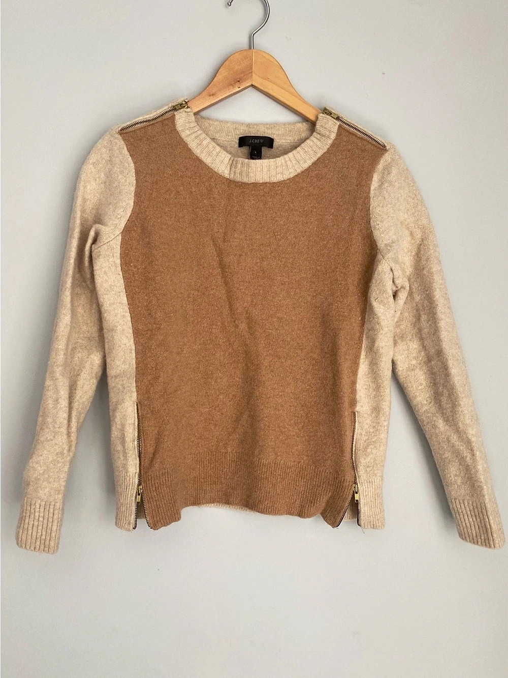 J.Crew Color Block 100% Wool Sweater Neutral Earth Tones Brown & Beige